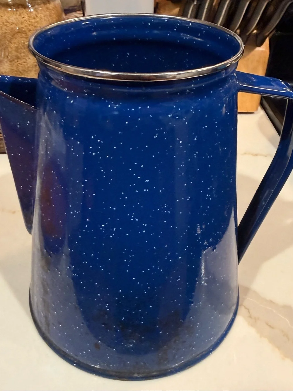 Blue Speckled Enamel Coffee Pot with Handle